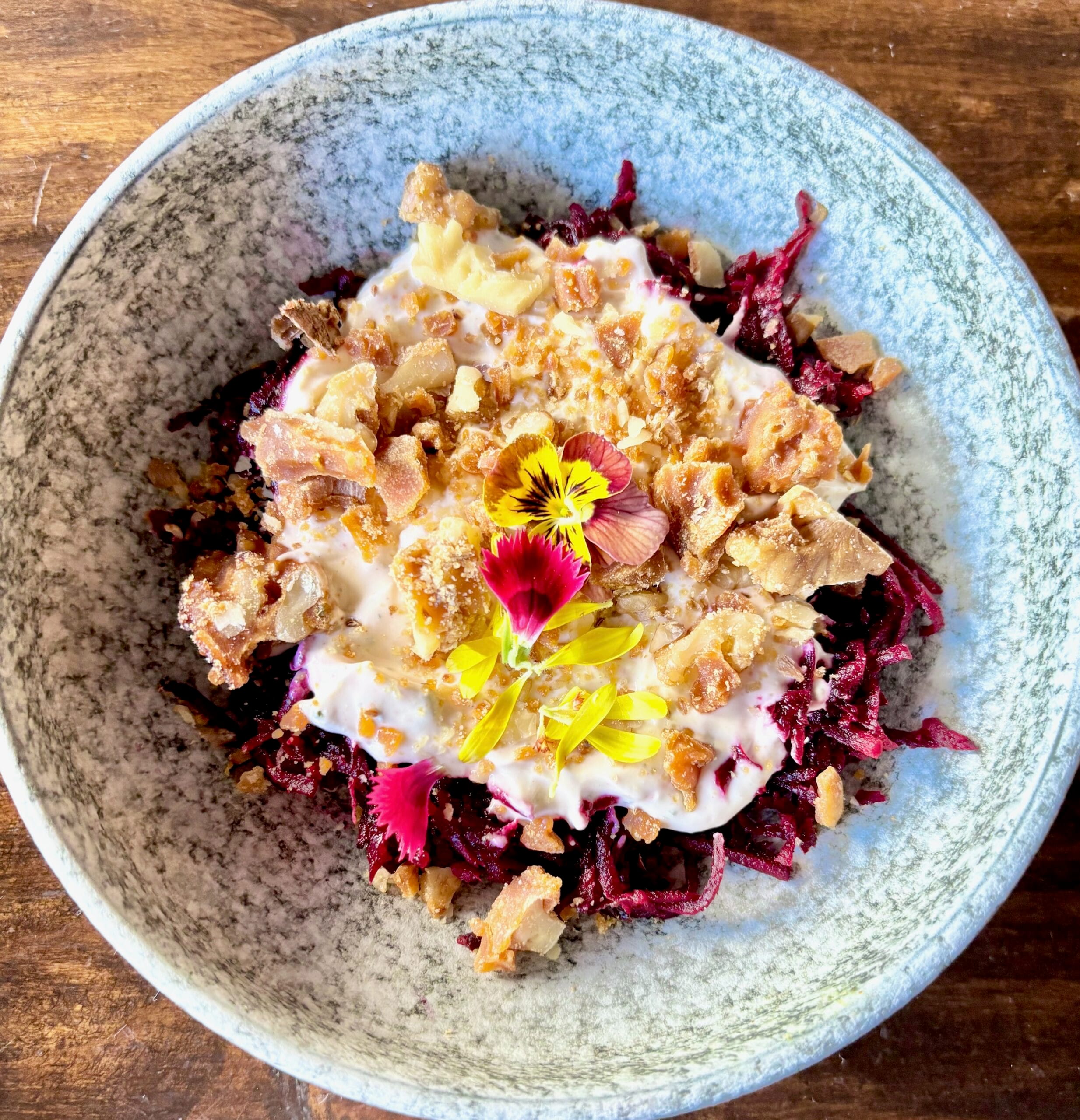 spiced beets salad with candied walnuts and fenugreek chutney